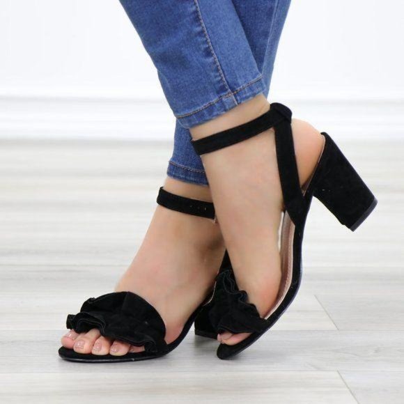 Suede Black Chunky Heel Open Ruffle Toe Sandal - Picture 6 of 8